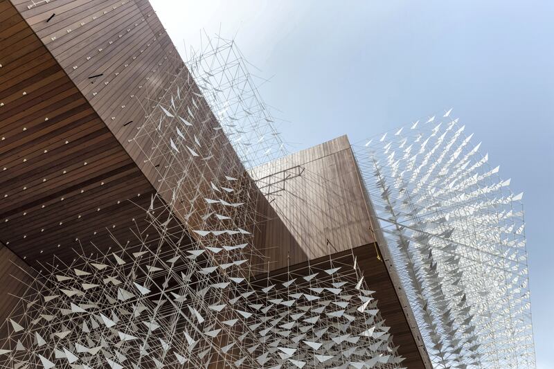 The Polish pavilion at the EXPO 2021 site nears completion. The pavilion has metal birds on the outside and inside that are partially installed along with a special wood panelled interior and exterior on May 2nd, 2021. Antonie Robertson / The National.Reporter: Ramola Talwar for National