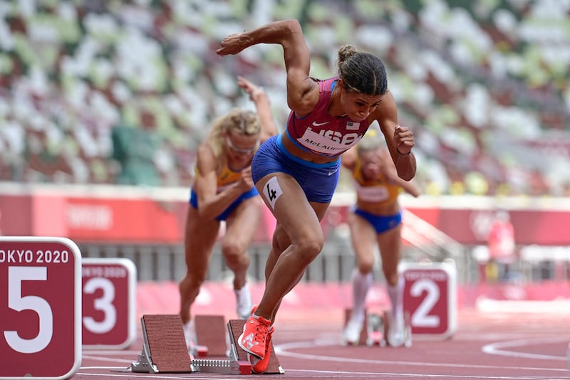 USA's Sydney Mclaughlin out of the starting blocks.