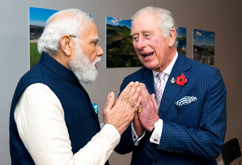 Britain's King Charles, who was Prince of Wales at the time, greets India's Prime Minister Narendra Modi in Glasgow, Scotland, in 2021. AP