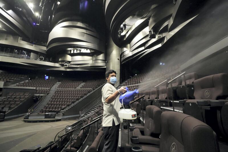 Dubai, United Arab Emirates - Reporter: N/A. News. Health. Covid-19/Coronavirus. Eric disinfects the theatre. La Perle opens to the public tomorrow evening. Wednesday, July 29th, 2020. Dubai. Chris Whiteoak / The National