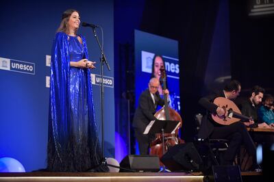 Farrah El Dibany performs at the 75th anniversary celebrations of Unesco's headquarters in Paris