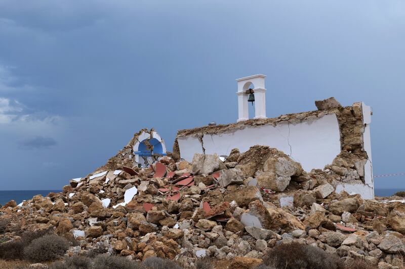 A damaged church is seen in Xerokampos village, near Sitia, after a strong earthquake measuring 6. 3 on the Richter scale shook Crete island, Greece, 12 October 2021.  The 6. 3 Richter quake that shook the village of Zakros on 12 October is not linked to the 5. 8 Richter quake near Arkalochori roughly two weeks ago, professor of seismology Ethymios Lekkas told the Athens-Macedonian News Agency.  According to Lekkas, who is president of the Earthquake Planning and Protection Organisation of Greece, the two quakes arose from two different faults.   EPA / NIKOS CHALKIADAKIS