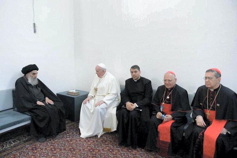 Pope Francis meeting with Iraq's top Shi'ite cleric, Grand Ayatollah Ali al-Sistani, in Najaf. Courtesy of the Vatican
