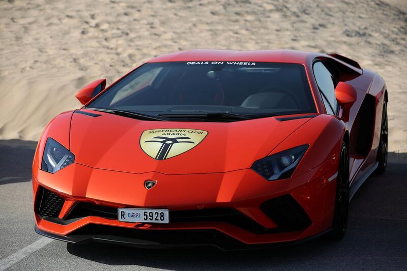 Dubai, United Arab Emirates - January 6th, 2018: A Lamborghini Aventador at the meeting of the Supercars Club Arabia. Saturday, January 6th, 2018 at Bab Al Shams Desert Resort & Spa, Dubai. Chris Whiteoak / The National