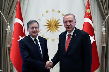 President Recep Tayyip Erdogan greets David Satterfield, the new US ambassador to Turkey, at the Presidential Palace in Ankara on August 28, 2019. Presidential Press Office via Reuters