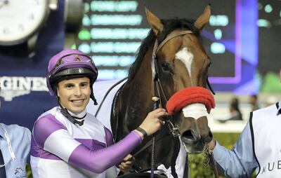 DUBAI , UNITED ARAB EMIRATES , Feb 6  – 2020 :- William Buick (no 14) guides  Fore Left (USA)  to win the 3rd horse race, UAE 2000 Guineas , 1600m dirt at the Meydan Racecourse in Dubai. ( Pawan Singh / The National ) For Sports. Story by Amith