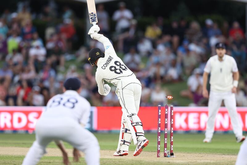 Devon Conway of New Zealand is bowled by Stuart Broad. Getty