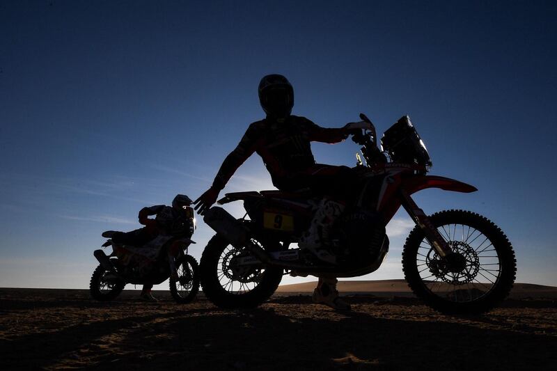 Moto's US rider Ricky Brabec prepares for the start of the stage 12 between Haradh and Qiddiya, in Haradh, Saudi Arabia. AFP