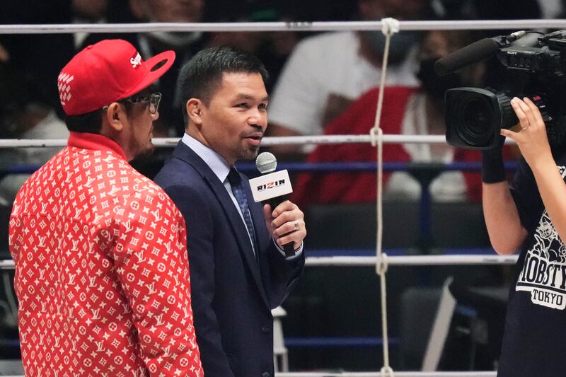 Manny Pacquiao speaks before the exhibition match. AP