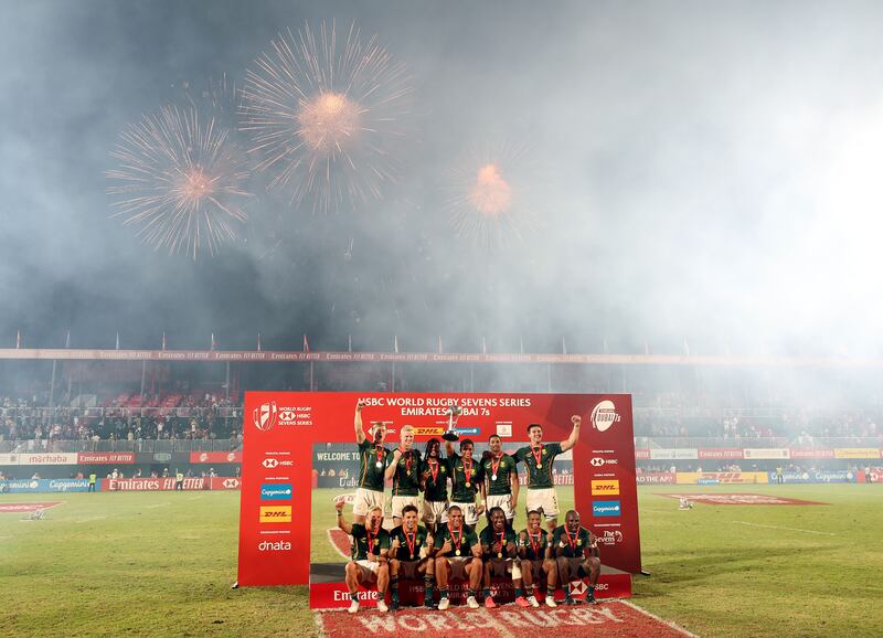 South Africa celebrate winning the Dubai Sevens title.