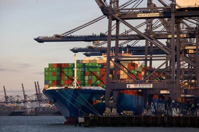 FELIXSTOWE, ENGLAND - NOVEMBER 16: The CSCL Mercury is loaded before departure from Felixtowe Port on November 16, 2020 in Felixstowe, England. Shipping companies and retailers have complained of delays in unloading arriving freight, with one ship told it could wait up to 10 days for a berthing slot. The port's owner, Hutchison Ports UK, said "the imbalance in UK trade and Brexit stockpiling exacerbate current operational challenges and we are working with our customers and stakeholders to get through the current congestion." (Photo by Dan Kitwood/Getty Images)