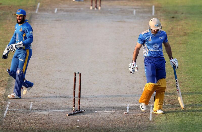 Sharjah, United Arab Emirates - October 17, 2018: Mohammad Nabi of the Balkh Legends is bowled during the game between Balkh Legends and Nangarhar Leopards in the Afghanistan Premier League. Wednesday, October 17th, 2018 at Sharjah Cricket Stadium, Sharjah. Chris Whiteoak / The National