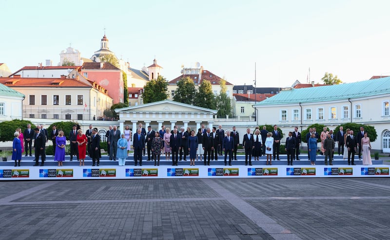 NATO heads of state and partners during a group photo at a social dinner at the summit in Vilnius. AP