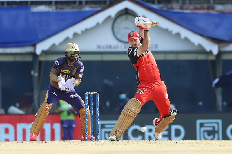 Glenn Maxwell of Royal Challengers Bangalore plays a shot during match 10 of the Vivo Indian Premier League 2021 between the Royal Challengers Bangalore and the Kolkata Knight Riders held at the M. A. Chidambaram Stadium, Chennai on the 18th April 2021.

Photo by Faheem Hussain / Sportzpics for IPL
