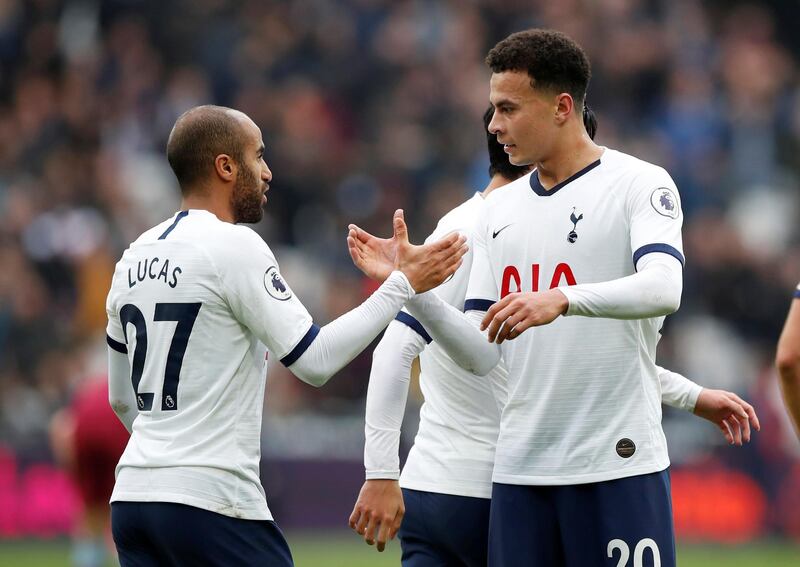 Tottenham Hotspur's Lucas Moura celebrates scoring their second goal with Dele Alli. Reuters