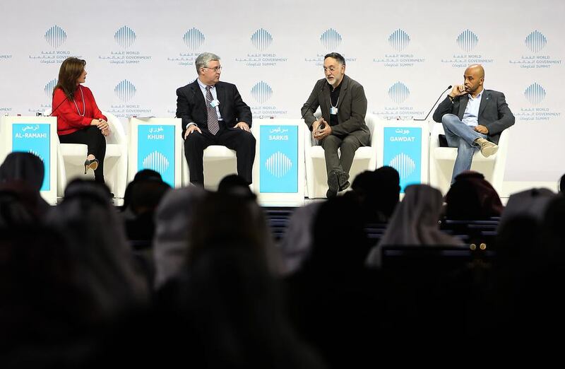 Left to right: Muntaha Al Ramahi, moderator; Fadlo Khuri, president of American Uni in Beirut; Hashim Sarkis, of Massachusetts Institute of Technology; Mohammed Gawdat, Google X. Pawan Singh / The Nation