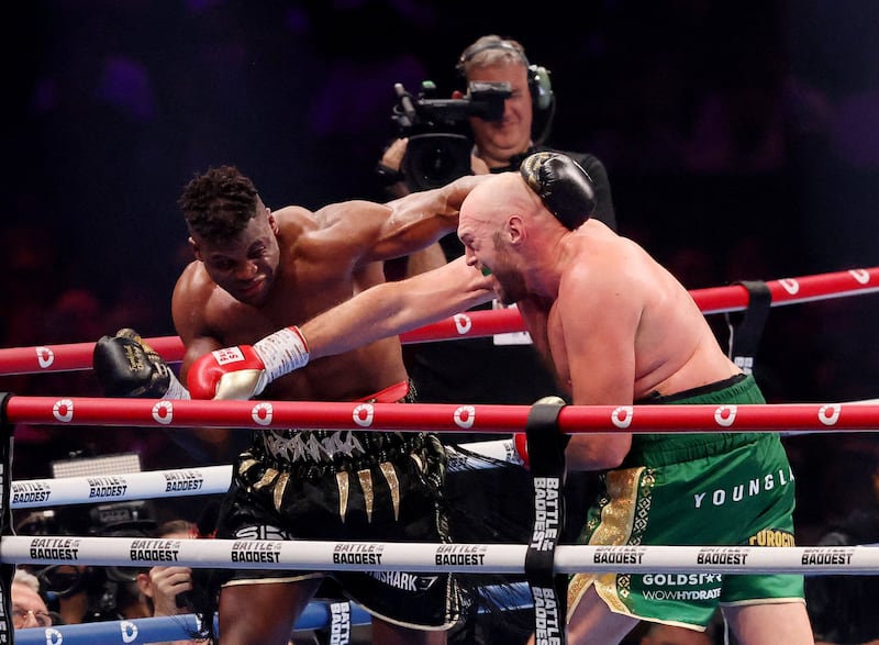 Tyson Fury throws a right cross during his fight against Francis Ngannou. Reuters