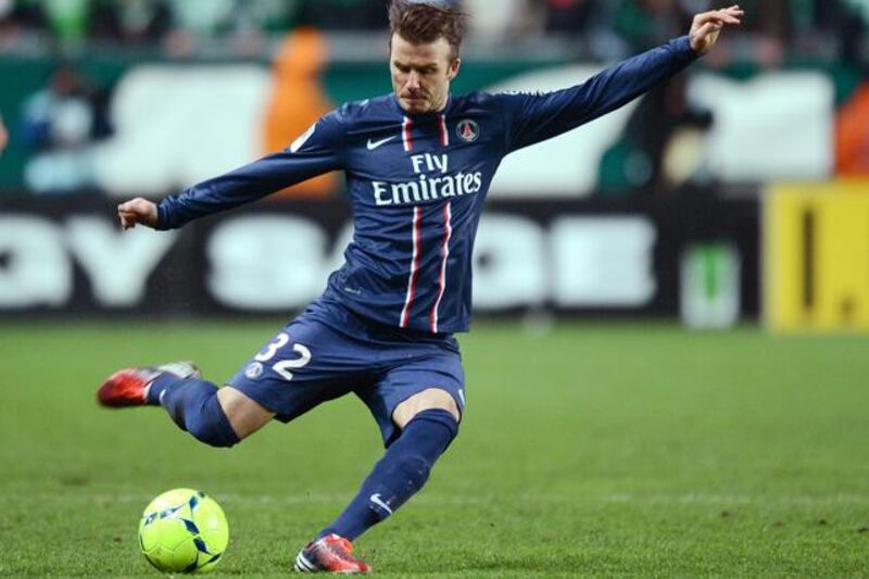(FILES) Picture taken on March 17, 2013 of Paris' English midfielder David Beckham kicking the ball during the French L1 football match Saint-Etienne (ASSE) vs Paris Saint-Germain (PSG) on March 17, 2013 at the Geoffroy Guichard stadium in Saint-Etienne. David Beckham is to retire from professional football at the end of the season, his representative announced on May 16, 2013.

AFP PHOTO/PHILIPPE DESMAZES



