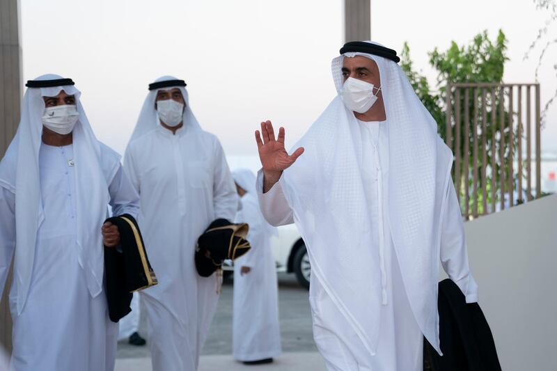 ABU DHABI, UNITED ARAB EMIRATES - December 02, 2020: HH Lt General Sheikh Saif bin Zayed Al Nahyan, UAE Deputy Prime Minister and Minister of Interior (R), arrives at the performance of ‘Seeds of the Union’ during the official 49th UAE National Day Celebrations at Jubail Mangrove Park. Seen with HH Sheikh Nahyan bin Mubarak Al Nahyan, UAE Minister of State for Tolerance (L). 

( Rashed Al Mansoori / Ministry of Presidential Affairs )
---