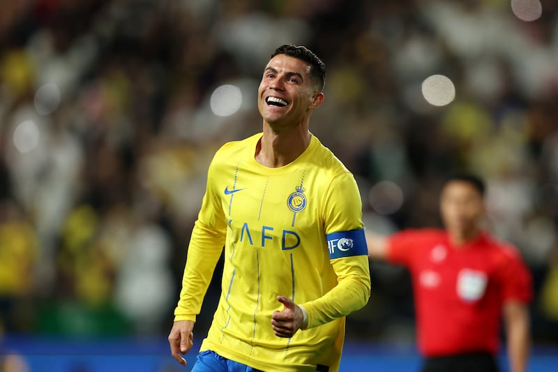 Cristiano Ronaldo after scoring Al Nassr's second goal against Al Fayha. Getty Images
