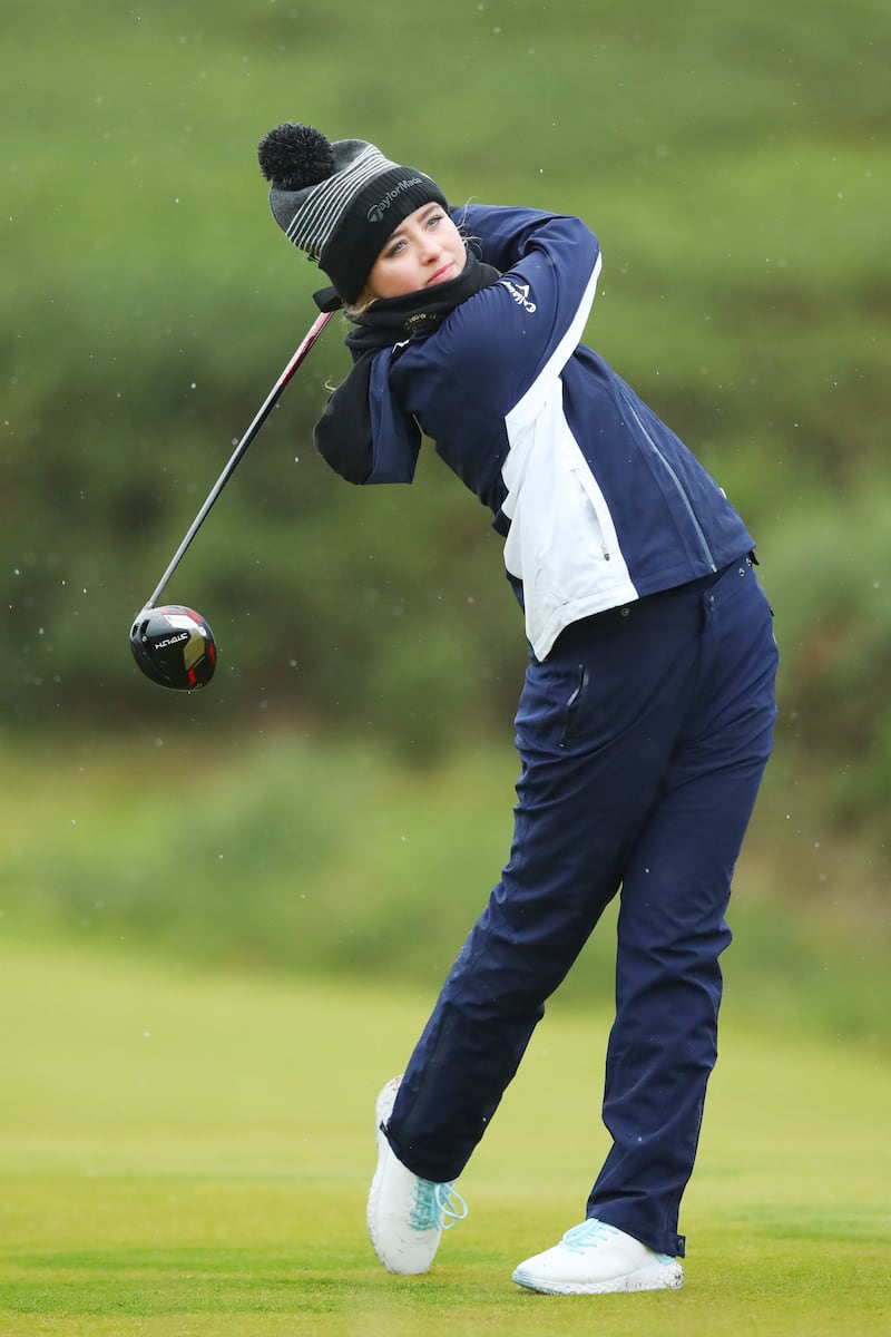Actress Kathryn Newton tees off at the Alfred Dunhill Links Championship. Getty