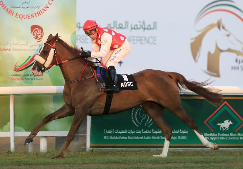 Nymphea du Paon carries jockey Tadhg O'Shea to victory in the third race of the night on February 23, 2014, the second leg of the Arabian Triple Crown. Ravindranath K / The National 