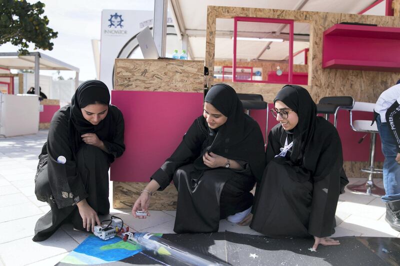 ABU DHABI, UNITED ARAB EMIRATES - JANUARY 31, 2019.
Ilyazia al Rumaithi, 16, and Asma Al Hosani, 16, and Maitha Al Mazroui, 16, are part of a team that developed Al Amal Station.  Their project uses hyperloop tech to transport spaceships to space.

They are displaying their science project at Abu Dhabi Science Festival at the corniche in Abu Dhabi.

The event focuses on STEAM subjects (science, technology, engineering, arts and mathematics). Around 200 innovators are displaying their projects at the three host venues over 10 days.

(Photo by Reem Mohammed/The National)

Reporter: GILLIAN DUNCAN
Section:  NA