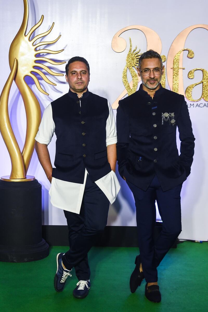 Fashion designer Nikhil (L) and Shantanu arrive for the IIFA Rocks of the 20th International Indian Film Academy (IIFA) Awards at NSCI Dome in Mumbai on September 16, 2019