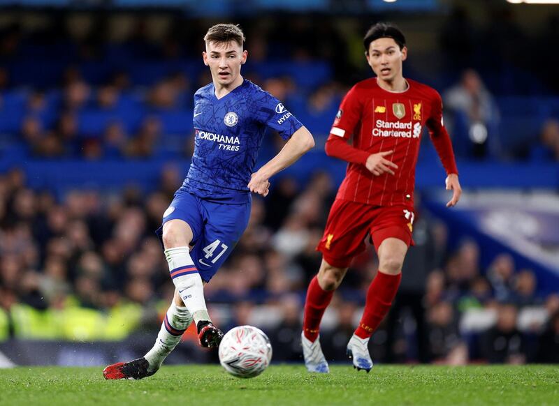 Billy Gilmour makes a pass during the FA Cup fifth round game against Liverpool. Reuters