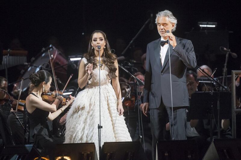 Balqees and Andrea Bocelli perform at the du Arena, Yas Island, in April. Antonie Robertson / The National.