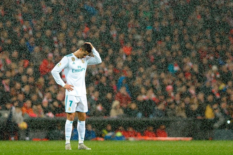 Real Madrid's Portuguese forward Cristiano Ronaldo reacts as snow falls during the Spanish league football match Athletic Club Bilbao vs Real Madrid CF at the San Mames stadium in Bilbao on December 2, 2017.  / AFP PHOTO / Ander GILLENEA