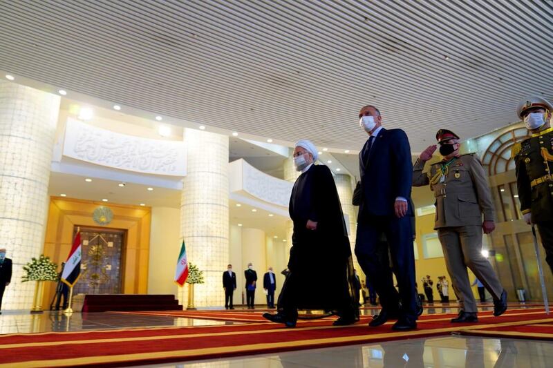 Iranian President Hassan Rouhani welcomes the Iraqi Prime Minister, Mustafa Al Kadhimi, in Tehran, Iran.  Reuters