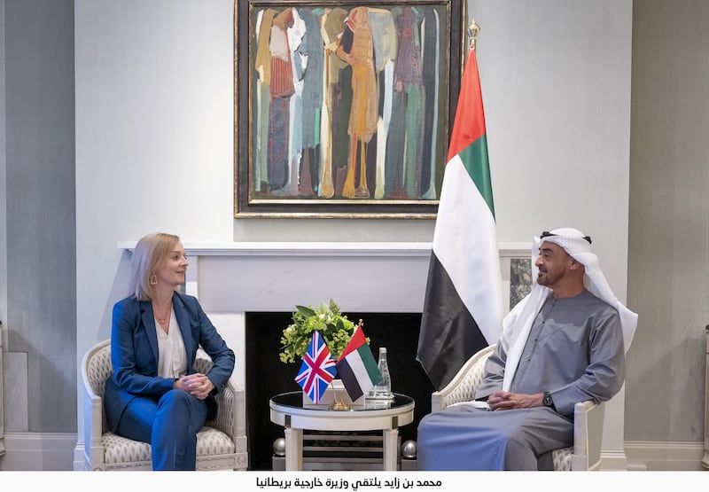 Sheikh Mohamed bin Zayed, Crown Prince of Abu Dhabi and Deputy Supreme Commander of the Armed Forces, meets with UK Foreign Secretary Liz Truss in London. Ministry of Presidential Affairs