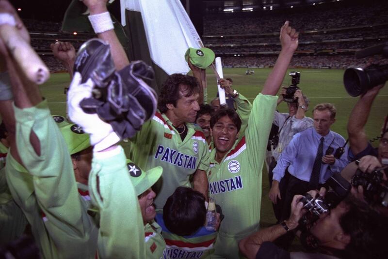Pakistan's Imran Khan (left) and Inzamam ul-Haq celebrate after they beat England in the final of the Cricket World Cup in Melbourne in 1992. Getty