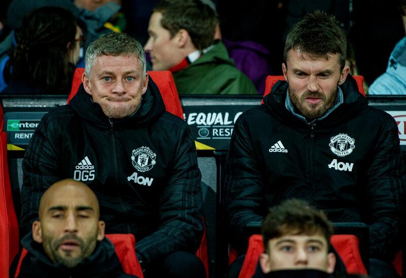 Manchester United manager Ole Gunnar Solskjaer, left, alongside Michael Carrick. EPA