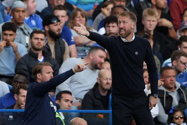 Chelsea's English head coach Graham Potter reacts during the English Premier League football match between Chelsea and Wolverhampton Wanderers at Stamford Bridge in London on October 8, 2022.  (Photo by Adrian DENNIS / AFP) / RESTRICTED TO EDITORIAL USE.  No use with unauthorized audio, video, data, fixture lists, club/league logos or 'live' services.  Online in-match use limited to 120 images.  An additional 40 images may be used in extra time.  No video emulation.  Social media in-match use limited to 120 images.  An additional 40 images may be used in extra time.  No use in betting publications, games or single club/league/player publications.   /  