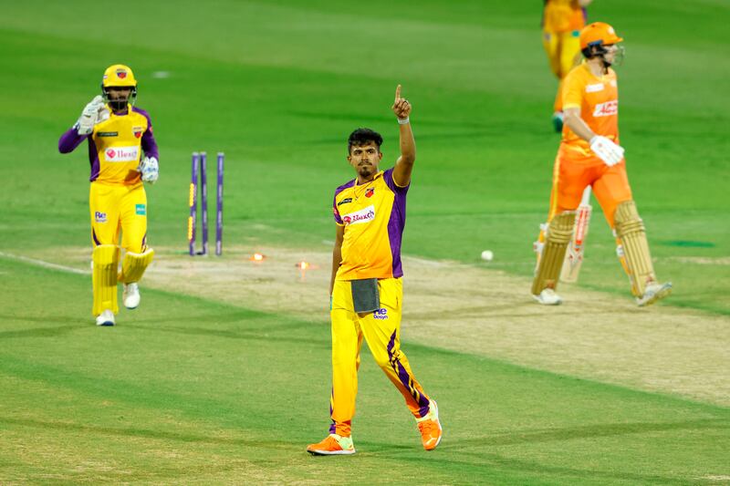 Sharjah Warriors Maheesh Theekshana celebrates tafter bowling Jamie Smith. The bowler finished with figures of 4-15.