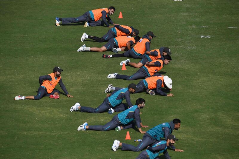 Pakistan players during training at the National Cricket Stadium in Karachi. AFP