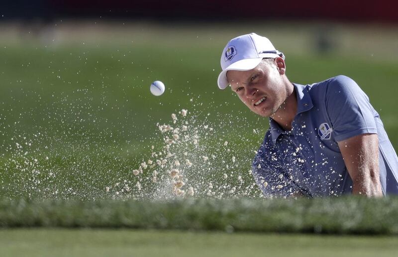 Europe’s Danny Willett hits from a bunker on the ninth hole during a singles match at the Ryder Cup golf tournament Sunday, Oct. 2, 2016, at Hazeltine National Golf Club in Chaska, Minn. Chris Carlson / AP Photo