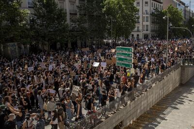 MADRID, SPAIN - JUNE 07: A general view as demonstrators hold placards during a Black Lives Matter protest following the death of George Floyd outside the United States Embassy on June 07, 2020 in Madrid, Spain.The death of an African-American man, George Floyd, while in the custody of Minneapolis police has sparked protests across the United States, as well as demonstrations of solidarity in many countries around the world. (Photo by Pablo Blazquez Dominguez/Getty Images)