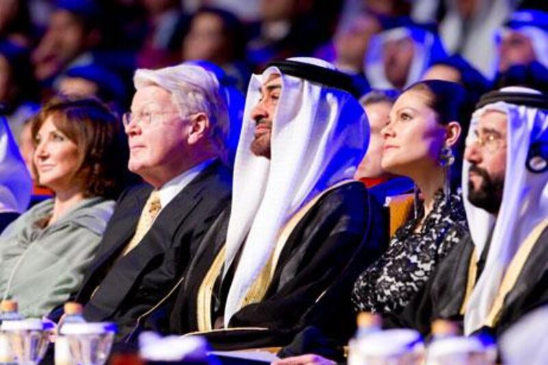 ABU DHABI, UNITED ARAB EMIRATES - January 18, 2011: (left to right) HE Dorrit Moussaieff First Lady of Iceland, HE Olafur Ragnar Grimsson President of Iceland, HH General Sheikh Mohamed bin Zayed Al Nahyan Crown Prince of Abu Dhabi Deputy Supreme Commander of the UAE Armed Forces, HRH Victoria Crown Princess of Sweden Duchess of Västergötland and HH Sheikh Tahnoon bin Mohammed Al Nahyan Ruler's Representative of the Eastern Region attend the 2011 Zayed Future Energy Prize awards ceremony.
( Ryan Carter / Crown Prince Court - Abu Dhabi )