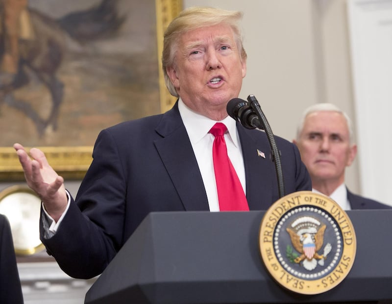 U.S. President Donald Trump speaks while participating in the swearing-in ceremony for Alex Azar, secretary of Health and Human Services (HHS), not pictured, in the Roosevelt Room of the White House in Washington, D.C., U.S., on Monday, Jan. 29, 2018. Azar is likely to oversee GOP efforts to reshape the departments priorities via executive action, ranging from scaling back the Medicaid health program for low-income and disabled people to pushing religious rights. Photographer: Chris Kleponis/Pool via Bloomberg