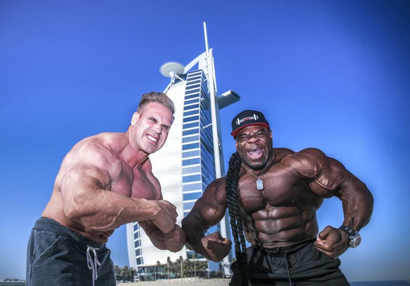 December 6, 2017.  (right) Kai Greene, winner of the  2016 Arnold Classic and Jay  Cutler, Winner of four Mr. Olympia titles and a legendary IFBB professional strike their best posses for the Dubai media infront of the Burj Al Arab.  
Victor Besa for The National
National
Reporter: Nick Webster