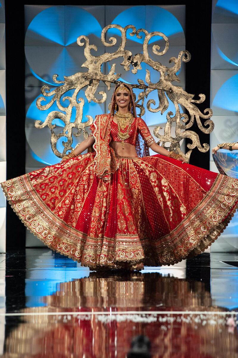 Vartika Singh, Miss India 2019 on stage during the National Costume Show at the Marriott Marquis in Atlanta on Friday, December 6, 2019. The National Costume Show is an international tradition where contestants display an authentic costume of choice that best represents the culture of their home country. The Miss Universe contestants are touring, filming, rehearsing and preparing to compete for the Miss Universe crown in Atlanta. Tune in to the FOX telecast at 7:00 PM ET on Sunday, December 8, 2019 live from Tyler Perry Studios in Atlanta to see who will become the next Miss Universe. HO/The Miss Universe Organization