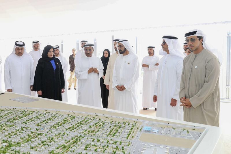 Vice President and Prime Minister of the UAE and Ruler of Dubai His Highness Sheikh Mohammed bin Rashid Al Maktoum reviewed the progress of housing construction and federal roads projects in Ras Al Khaimah. He was accompanied on his visit by Sheikh Mohammed bin Saud bin Saqr Al Qasimi, Crown Prince of Ras Al Khaimah; Lt. General Sheikh Saif bin Zayed Al Nahyan, Deputy Prime Minister and Minister of Interior; Sheikh Mansour bin Zayed Al Nahyan, Deputy Prime Minister and Minister of Presidential Affairs; Mohammad bin Abdullah Al Gergawi, Minister of Cabinet Affairs and The Future; and Dr. Abdullah bin Mohammed Belhaif Al Nuaimi, Minister of Infrastructure Development and Chairman of Sheikh Zayed Housing Programme. Dubai Media Office / Wam