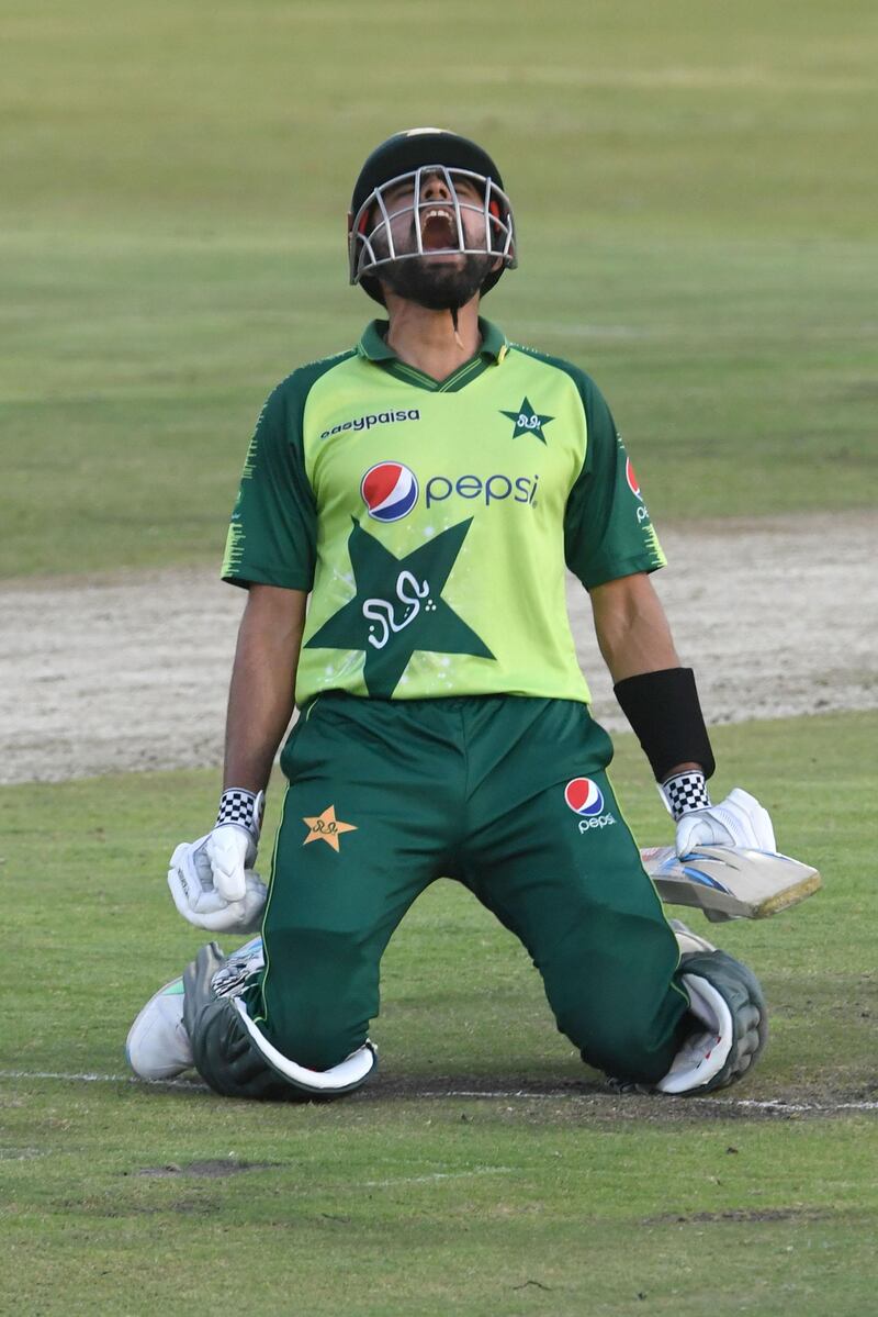 Babar Azam celebrates reaching his century for Pakistan during their nine-wicket win over South Africa in the third T20 match at Centurion on Wednesday, April 14. Getty