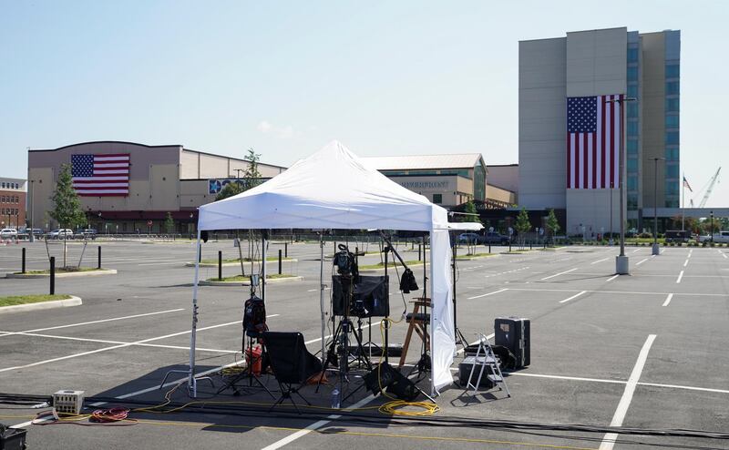 A television stand-up location in the car par in front of the Chase Centre, where Democratic US presidential candidate Joe Biden will make his acceptance speech later this week. Reuters