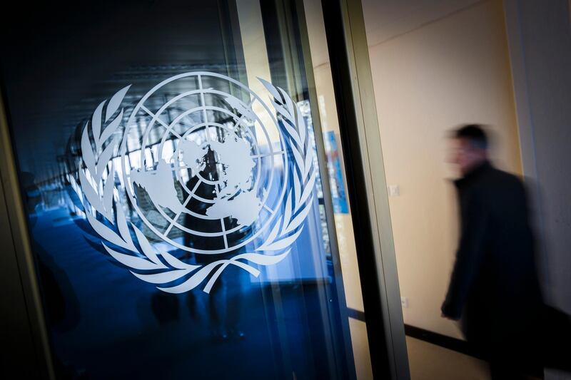 GENEVA, SWITZERLAND - MARCH 03: Logo of the United Nations at the Palace of Nations on March 03, 2015 in Geneva, Switzerland. The Palace of Nations in the European headquarters of the United Nations. (Photo by Thomas Trutschel/Photothek via Getty Images)
