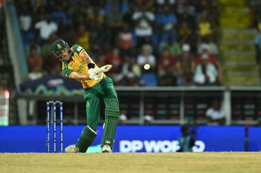 South Africa's Marco Jansen hits a six that leads to his team's victory of the ICC men's Twenty20 World Cup 2024 Super Eight cricket match between West Indies and South Africa at Sir Vivian Richards Stadium in North Sound, Antigua and Barbuda on June 23, 2024.  (Photo by ANDREW CABALLERO-REYNOLDS  /  AFP)