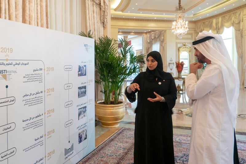 ABU DHABI, UNITED ARAB EMIRATES - October 23, 2018: HH Sheikh Mohamed bin Zayed Al Nahyan Crown Prince of Abu Dhabi Deputy Supreme Commander of the UAE Armed Forces (R), tours the exhibition of the winners of The National Science, Technology and Innovation Festival, during a Sea Palace barza. 

(Rashed Al Mansoori / Crown Prince Court - Abu Dhabi )
---